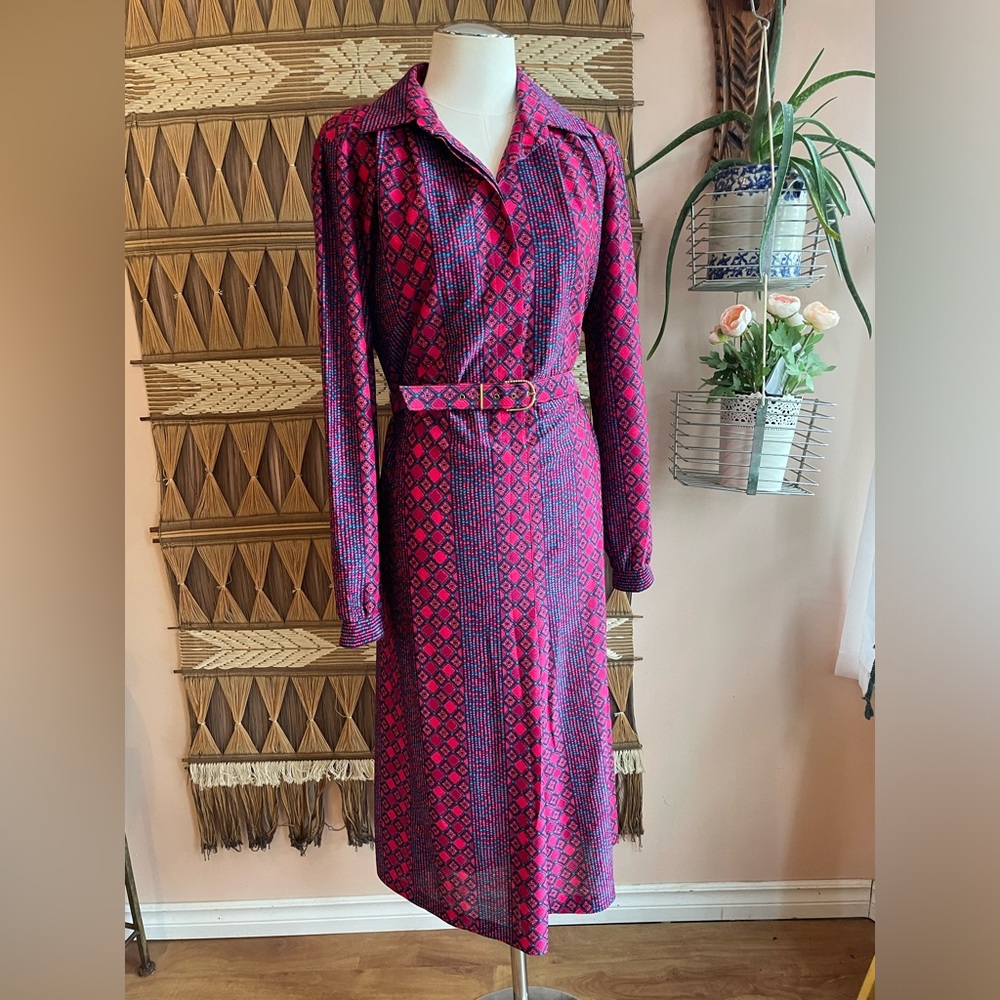 Vintage Bright Purple & Pink All Over Print 'Nat Gordon' Midi Day Dress